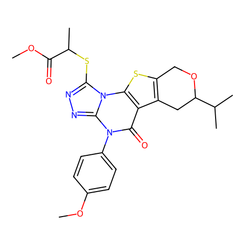 methyl 2-((7-isopropyl-4-(4-methoxyphenyl)-5-oxo-5,6,7,9-tetrahydro-4H-pyrano[4',3':4,5]thieno[3,2-e][1,2,4]triazolo[4,3-a]pyrimidin-1-yl)thio)propanoate structure