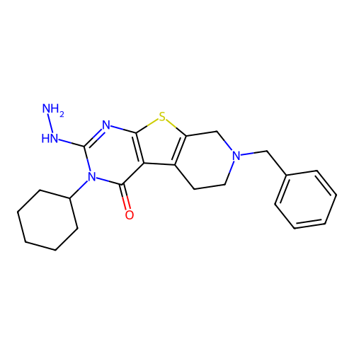 3-cyclohexyl-2-hydrazinyl-7-(phenylmethyl)-6,8-dihydro-5H-pyrido[2,3]thieno[2,4-b]pyrimidin-4-one structure