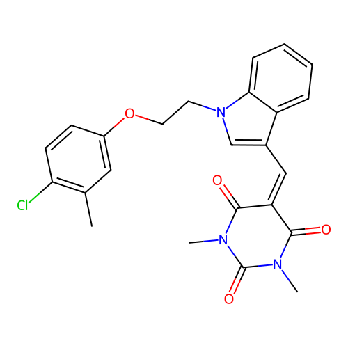 5-({1-[2-(4-chloro-3-methylphenoxy)ethyl]-1H-indol-3-yl}methylidene)-1,3-dimethylpyrimidine-2,4,6(1H,3H,5H)-trione structure