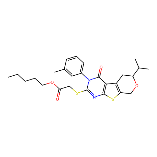 pentyl {[3-(3-methylphenyl)-4-oxo-6-(propan-2-yl)-3,5,6,8-tetrahydro-4H-pyrano[4',3':4,5]thieno[2,3-d]pyrimidin-2-yl]sulfanyl}acetate structure