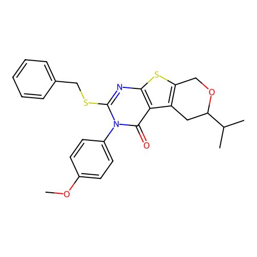 2-(benzylsulfanyl)-3-(4-methoxyphenyl)-6-(propan-2-yl)-3,5,6,8-tetrahydro-4H-pyrano[4',3':4,5]thieno[2,3-d]pyrimidin-4-one structure