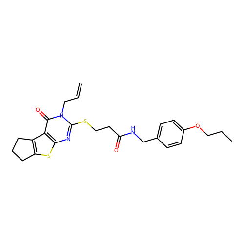 3-((3-allyl-4-oxo-4,5,6,7-tetrahydro-3H-cyclopenta[4,5]thieno[2,3-d]pyrimidin-2-yl)thio)-N-(4-propoxybenzyl)propanamide structure