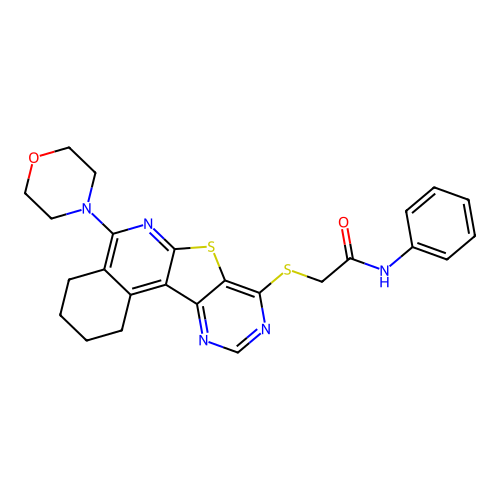 2-((5-morpholino-1,2,3,4-tetrahydropyrimido[4',5':4,5]thieno[2,3-c]isoquinolin-8-yl)thio)-N-phenylacetamide structure