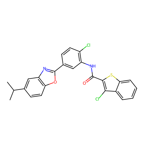 3-chloro-N-[2-chloro-5-(5-propan-2-ylbenzooxazol-2-yl)phenyl]benzothiophene-2-carboxamide structure