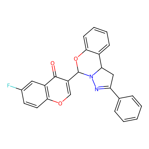 6-fluoro-3-(2-phenyl-1,10b-dihydropyrazolo[1,5-c][1,3]benzoxazin-5-yl)-4H-chromen-4-one structure