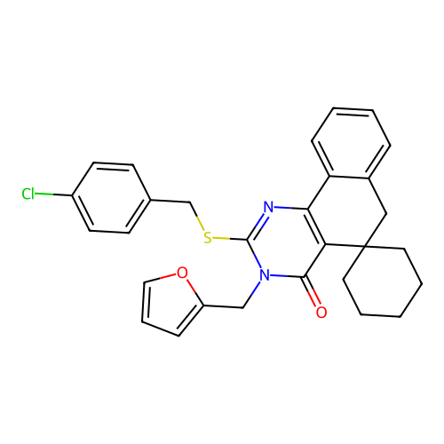 2-((4-chlorobenzyl)thio)-3-(furan-2-ylmethyl)-3H-spiro[benzo[h]quinazoline-5,1'-cyclohexan]-4(6H)-one structure