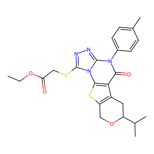 ethyl {[4-(4-methylphenyl)-5-oxo-7-(propan-2-yl)-4,5,6,9-tetrahydro-7H-pyrano[4',3':4,5]thieno[3,2-e][1,2,4]triazolo[4,3-a]pyrimidin-1-yl]sulfanyl}acetate structure