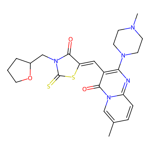 7-methyl-2-(4-methylpiperazin-1-yl)-3-{(Z)-[4-oxo-3-(tetrahydrofuran-2-ylmethyl)-2-thioxo-1,3-thiazolidin-5-ylidene]methyl}-4H-pyrido[1,2-a]pyrimidin-4-one structure