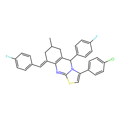 (9E)-3-(4-chlorophenyl)-5-(4-fluorophenyl)-9-[(4-fluorophenyl)methylidene]-7-methyl-5,6,7,8-tetrahydro-[1,3]thiazolo[2,3-b]quinazoline structure