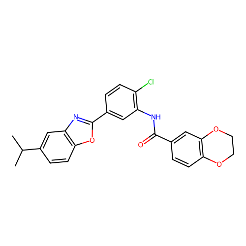 N-{2-chloro-5-[5-(propan-2-yl)-1,3-benzoxazol-2-yl]phenyl}-2,3-dihydro-1,4-benzodioxine-6-carboxamide structure