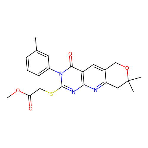 methyl {[8,8-dimethyl-3-(3-methylphenyl)-4-oxo-3,6,8,9-tetrahydro-4H-pyrano[3',4':5,6]pyrido[2,3-d]pyrimidin-2-yl]sulfanyl}acetate structure
