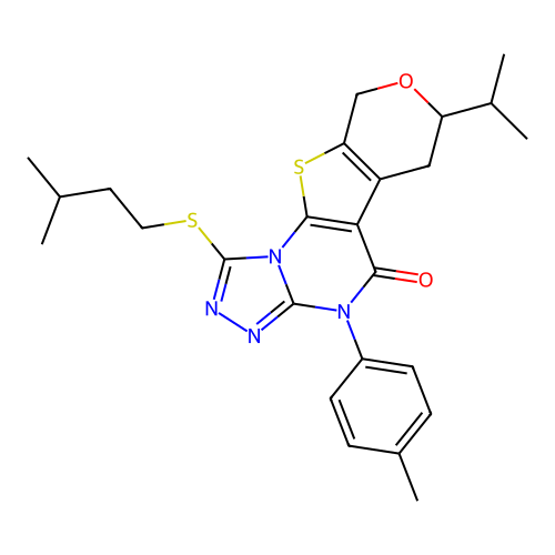 1-(isopentylthio)-7-isopropyl-4-(p-tolyl)-6,7-dihydro-4H-pyrano[4',3':4,5]thieno[3,2-e][1,2,4]triazolo[4,3-a]pyrimidin-5(9H)-one structure