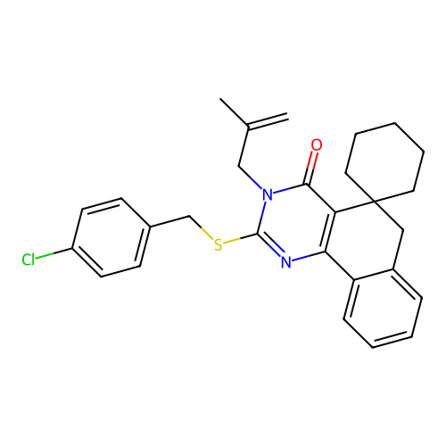 2-((4-chlorobenzyl)thio)-3-(2-methylallyl)-3H-spiro[benzo[h]quinazoline-5,1'-cyclohexan]-4(6H)-one structure