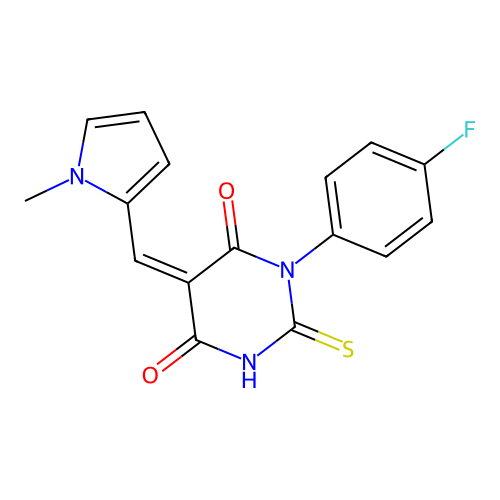 (Z)-1-(4-fluorophenyl)-5-((1-methyl-1H-pyrrol-2-yl)methylene)-2-thioxodihydropyrimidine-4,6(1H,5H)-dione structure