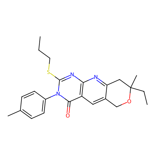 8-ethyl-8-methyl-2-(propylthio)-3-(p-tolyl)-8,9-dihydro-3H-pyrano[3',4':5,6]pyrido[2,3-d]pyrimidin-4(6H)-one structure