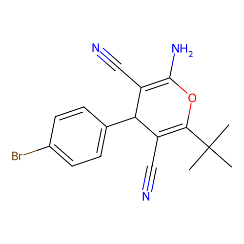2-amino-4-(4-bromophenyl)-6-tert-butyl-4H-pyran-3,5-dicarbonitrile structure