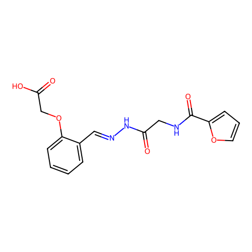 (E)-2-(2-((2-(2-(furan-2-carboxamido)acetyl)hydrazono)methyl)phenoxy)acetic acid structure