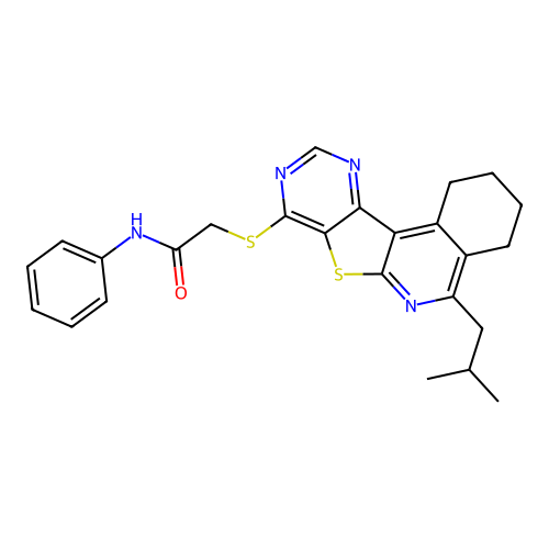 2-((5-isobutyl-1,2,3,4-tetrahydropyrimido[4',5':4,5]thieno[2,3-c]isoquinolin-8-yl)thio)-N-phenylacetamide structure