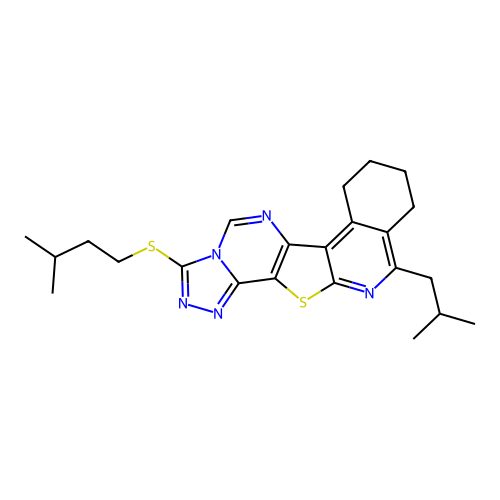 11-isobutyl-3-(isopentylthio)-7,8,9,10-tetrahydro-[1,2,4]triazolo[4'',3'':1',6']pyrimido[4',5':4,5]thieno[2,3-c]isoquinoline structure