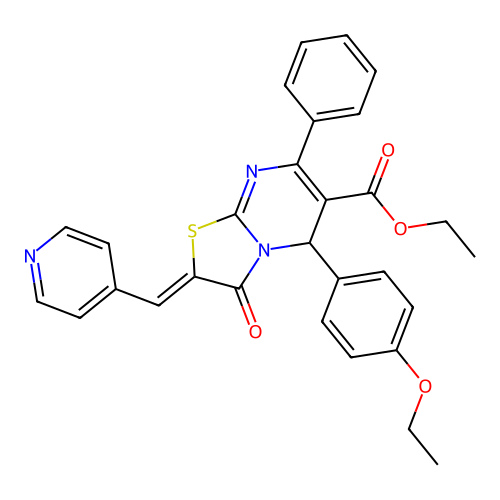 (Z)-ethyl 5-(4-ethoxyphenyl)-3-oxo-7-phenyl-2-(pyridin-4-ylmethylene)-3,5-dihydro-2H-thiazolo[3,2-a]pyrimidine-6-carboxylate structure