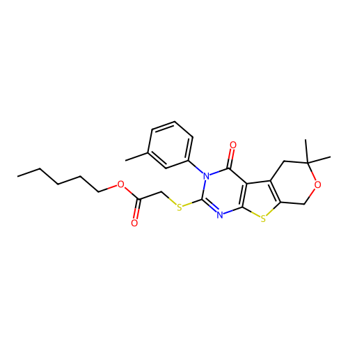 pentyl {[6,6-dimethyl-3-(3-methylphenyl)-4-oxo-3,5,6,8-tetrahydro-4H-pyrano[4',3':4,5]thieno[2,3-d]pyrimidin-2-yl]sulfanyl}acetate structure