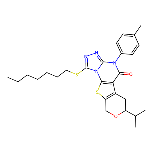 1-(heptylsulfanyl)-4-(4-methylphenyl)-7-(propan-2-yl)-6,9-dihydro-7H-pyrano[4',3':4,5]thieno[3,2-e][1,2,4]triazolo[4,3-a]pyrimidin-5(4H)-one structure