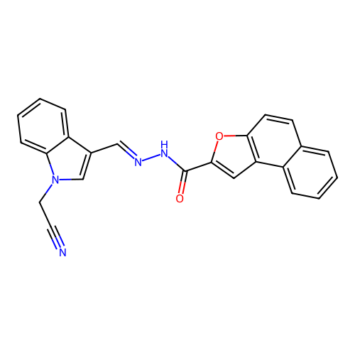 (E)-N'-((1-(cyanomethyl)-1H-indol-3-yl)methylene)naphtho[2,1-b]furan-2-carbohydrazide structure