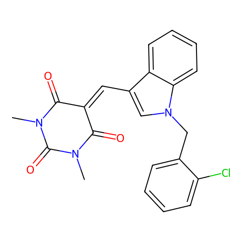 5-((1-(2-chlorobenzyl)-1H-indol-3-yl)methylene)-1,3-dimethylpyrimidine-2,4,6(1H,3H,5H)-trione structure