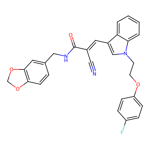 (2E)-N-(1,3-benzodioxol-5-ylmethyl)-2-cyano-3-{1-[2-(4-fluorophenoxy)ethyl]-1H-indol-3-yl}prop-2-enamide structure