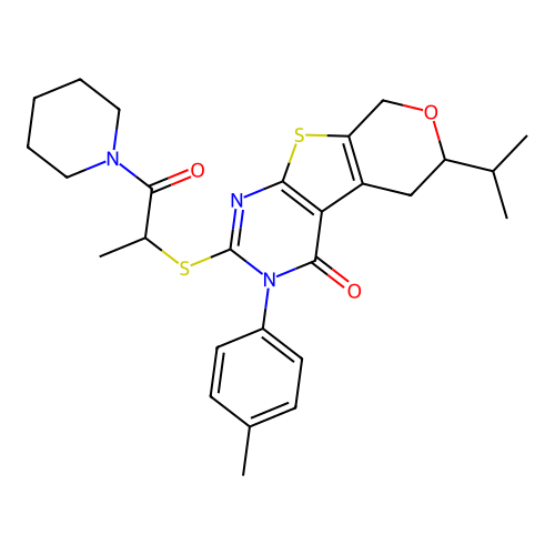 3-(4-methylphenyl)-2-{[1-oxo-1-(piperidin-1-yl)propan-2-yl]sulfanyl}-6-(propan-2-yl)-3,5,6,8-tetrahydro-4H-pyrano[4',3':4,5]thieno[2,3-d]pyrimidin-4-one structure