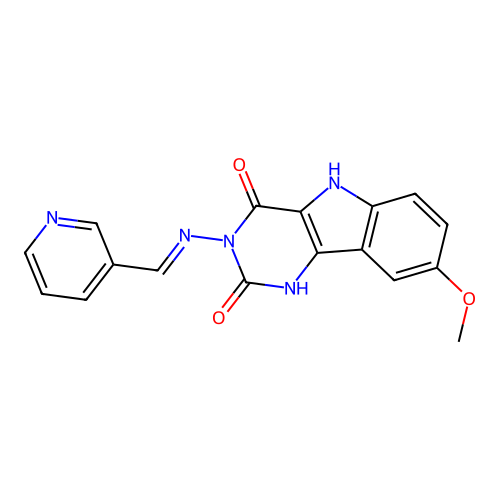 8-methoxy-3-[(E)-pyridin-3-ylmethylideneamino]-1,5-dihydropyrimido[5,4-b]indole-2,4-dione structure