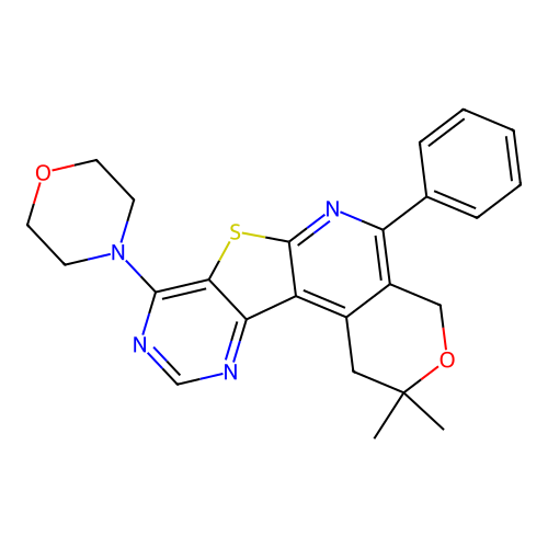 2,2-dimethyl-8-(morpholin-4-yl)-5-phenyl-1,4-dihydro-2H-pyrano[4'',3'':4',5']pyrido[3',2':4,5]thieno[3,2-d]pyrimidine structure