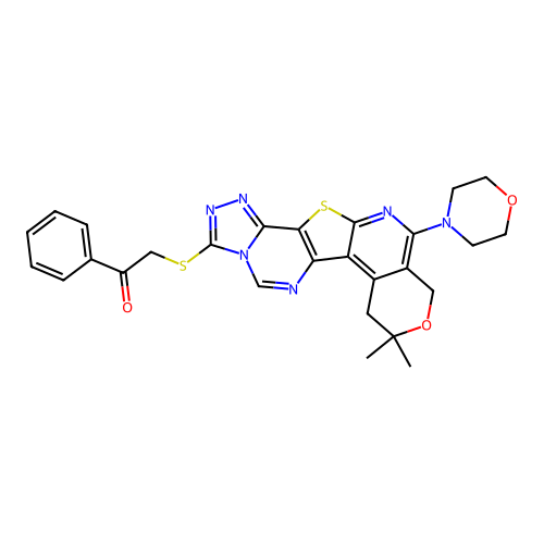 2-((8,8-dimethyl-11-morpholino-8,10-dihydro-7H-pyrano[4'',3'':4',5']pyrido[3',2':4,5]thieno[2,3-e][1,2,4]triazolo[4,3-c]pyrimidin-3-yl)thio)-1-phenylethanone structure
