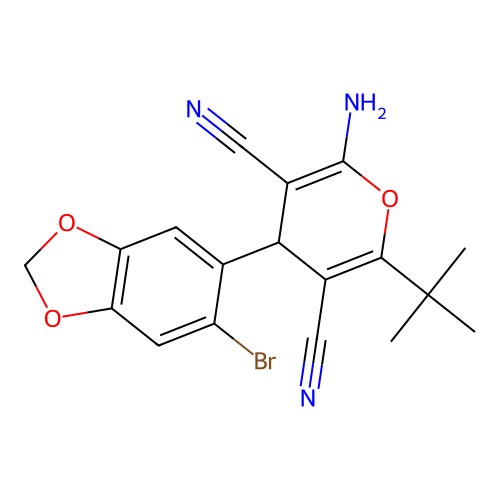 2-amino-4-(6-bromo-1,3-benzodioxol-5-yl)-6-tert-butyl-4H-pyran-3,5-dicarbonitrile structure
