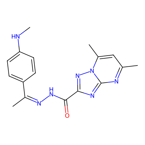 (Z)-5,7-dimethyl-N'-(1-(4-(methylamino)phenyl)ethylidene)-[1,2,4]triazolo[1,5-a]pyrimidine-2-carbohydrazide structure