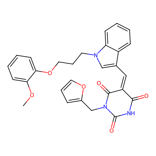 (5Z)-1-(furan-2-ylmethyl)-5-({1-[3-(2-methoxyphenoxy)propyl]-1H-indol-3-yl}methylidene)pyrimidine-2,4,6(1H,3H,5H)-trione structure