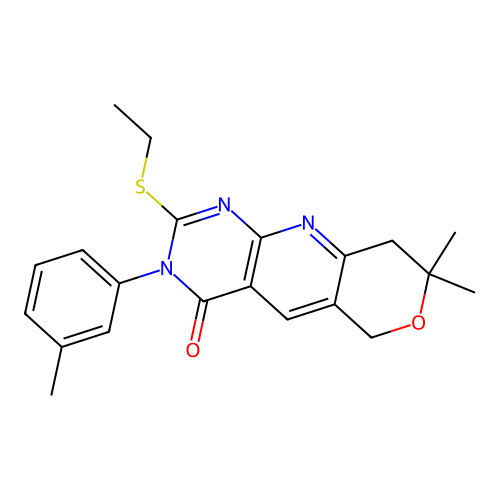 2-(ethylsulfanyl)-8,8-dimethyl-3-(3-methylphenyl)-3,6,8,9-tetrahydro-4H-pyrano[3',4':5,6]pyrido[2,3-d]pyrimidin-4-one structure
