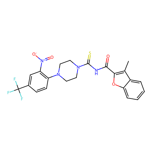 3-methyl-N-({4-[2-nitro-4-(trifluoromethyl)phenyl]piperazin-1-yl}carbonothioyl)-1-benzofuran-2-carboxamide structure