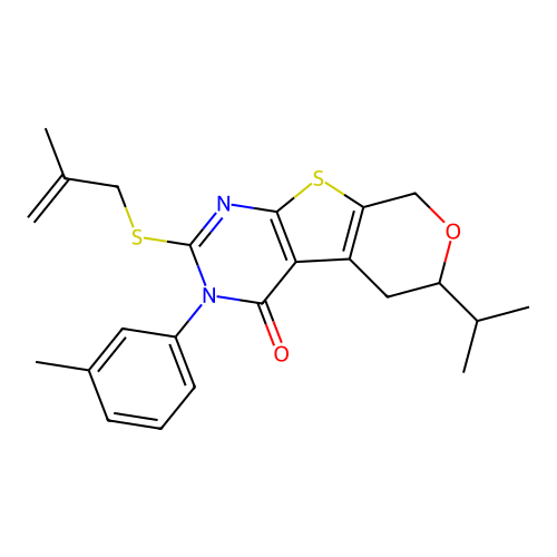 3-(3-methylphenyl)-2-[(2-methylprop-2-en-1-yl)sulfanyl]-6-(propan-2-yl)-3,5,6,8-tetrahydro-4H-pyrano[4',3':4,5]thieno[2,3-d]pyrimidin-4-one structure