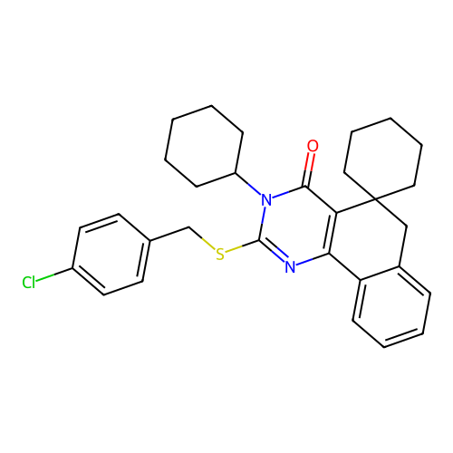 2-((4-chlorobenzyl)thio)-3-cyclohexyl-3H-spiro[benzo[h]quinazoline-5,1'-cyclohexan]-4(6H)-one structure