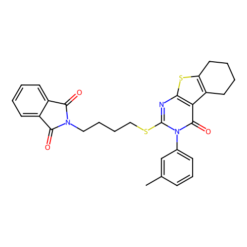 2-(4-((4-oxo-3-(m-tolyl)-3,4,5,6,7,8-hexahydrobenzo[4,5]thieno[2,3-d]pyrimidin-2-yl)thio)butyl)isoindoline-1,3-dione structure