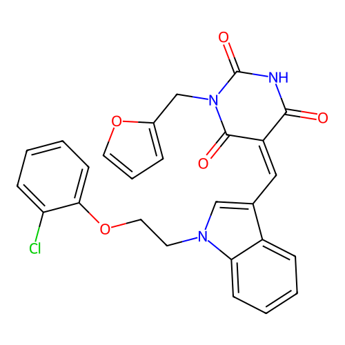 (5Z)-5-({1-[2-(2-chlorophenoxy)ethyl]-1H-indol-3-yl}methylidene)-1-(furan-2-ylmethyl)pyrimidine-2,4,6(1H,3H,5H)-trione structure