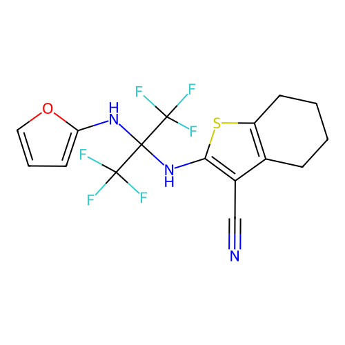 2-((1,1,1,3,3,3-hexafluoro-2-(furan-2-ylamino)propan-2-yl)amino)-4,5,6,7-tetrahydrobenzo[b]thiophene-3-carbonitrile structure