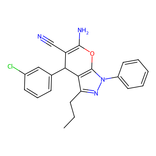 6-amino-4-(3-chlorophenyl)-1-phenyl-3-propyl-1,4-dihydropyrano[2,3-c]pyrazole-5-carbonitrile structure