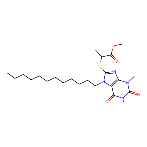 methyl 2-[(7-dodecyl-6-hydroxy-3-methyl-2-oxo-3,7-dihydro-2H-purin-8-yl)sulfanyl]propanoate structure