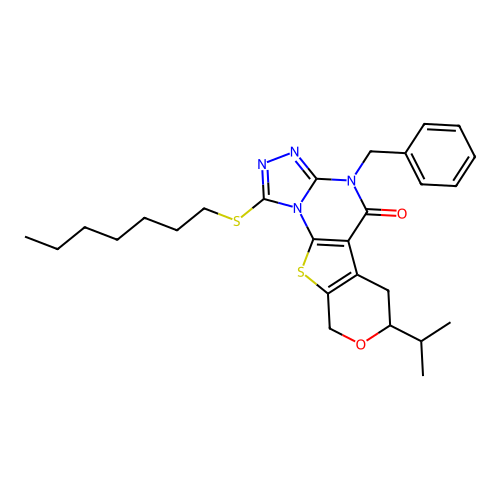 4-benzyl-1-(heptylsulfanyl)-7-(propan-2-yl)-6,9-dihydro-7H-pyrano[4',3':4,5]thieno[3,2-e][1,2,4]triazolo[4,3-a]pyrimidin-5(4H)-one structure