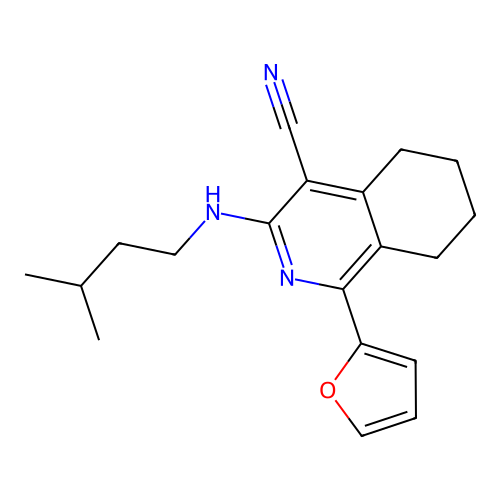 1-(furan-2-yl)-3-[(3-methylbutyl)amino]-5,6,7,8-tetrahydroisoquinoline-4-carbonitrile structure
