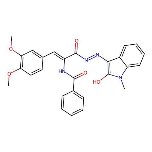 N-((Z)-1-(3,4-dimethoxyphenyl)-3-((Z)-2-(1-methyl-2-oxoindolin-3-ylidene)hydrazinyl)-3-oxoprop-1-en-2-yl)benzamide structure