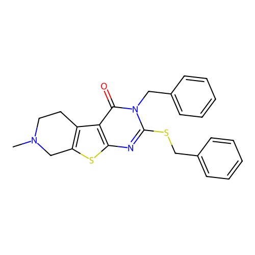 3-benzyl-2-(benzylsulfanyl)-7-methyl-5,6,7,8-tetrahydropyrido[4',3':4,5]thieno[2,3-d]pyrimidin-4(3H)-one structure