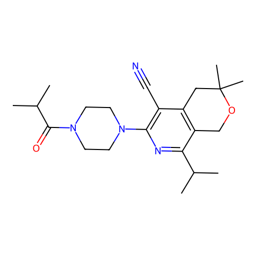 3,3-dimethyl-6-[4-(2-methylpropanoyl)piperazin-1-yl]-8-(propan-2-yl)-3,4-dihydro-1H-pyrano[3,4-c]pyridine-5-carbonitrile structure